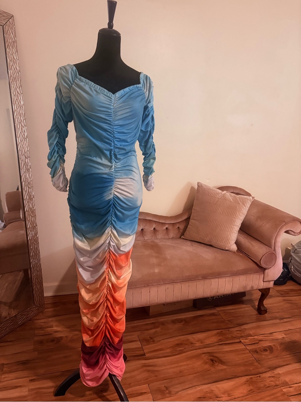 Ruched Ombre Long Sleeve Maxi Dress - Multicolor
